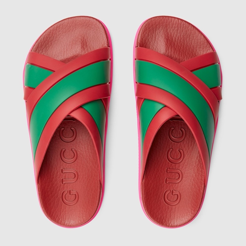 Gucci Pink and Green Crisscross Slide Sandals